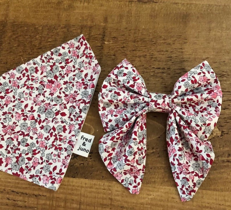 Dog Bandana Matching Set, Liberty London ditsy pattern, Sailor Bow Tie, Hair Scrunchie, Dog Mom Gifts, Handmade, Pets, Fred and Juno image 1