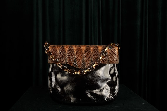 1980s 80s Vintage Harrods Patent Leather Brown Bag