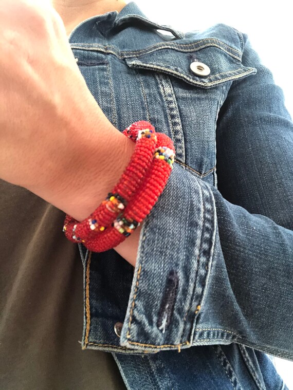Red Beaded Bangle Bracelet - image 6