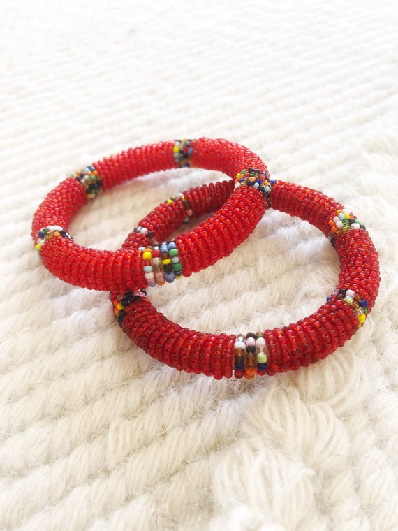 Red Beaded Bangle Bracelet - image 7