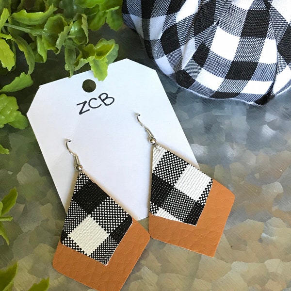 Yellow Ocre and Black Buffalo Check Plaid - Layered Diamond - Faux Leather Dangle Earrings