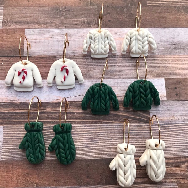 Knit Clay Sweater Earrings-Knit Mittens Earrings-Candy Cane Sweater Earrings-Clay Christmas Earrings-Christmas Earrings-Xmas Party Earrings