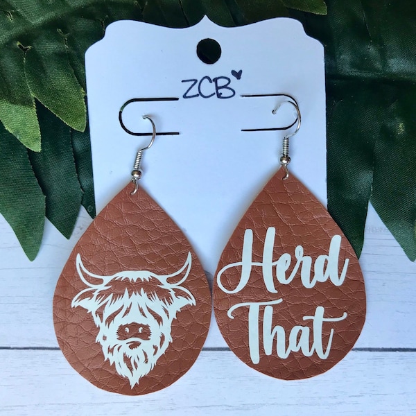 Highland Cow Herd That Faux Leather Earrings-Highland Cow Earrings-Country Style Earrings-Southern Southwestern Country Girl Cowgirl Earring