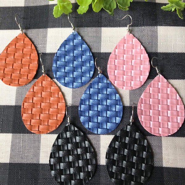 Basket Weave Faux Leather Earrings- Teardrop Earrings- Trendy Style- Blue Caramel Pink Black Faux Leather Earrings- Unique Fashion