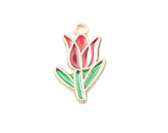 Tulip Flower Charm / Easter Spring Mothers Day Pendant Daisy Rose Charms Tag Pendant Enamel Heart Friendship Love Summer Bouquet Keyring