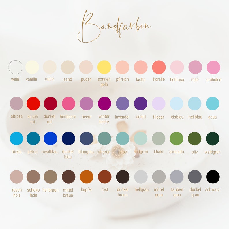 Puede incluir: Una tabla de muestras de colores con nombres alemanes para cada color. Los colores est&aacute;n dispuestos en filas y columnas, con los nombres de los colores enumerados debajo de cada muestra.