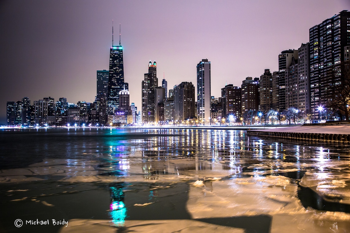 Chicago Skyline From Lake Michigan on a Winter Evening Low on Etsy