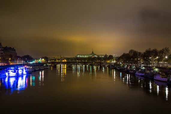 Paris River On A Romantic Night With Boats And Lights Etsy