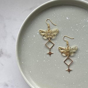 Ethereal Gold Moth Earrings, Gold Celestial Drop Earrings, Boho Statement Butterfly Earrings, Festival Jewelry