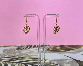 Gold Monstera Leaf Earrings, Tropical Lightweight Jewelry