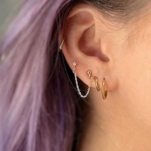 Chain Studs for Double Piercing, Tiny Star Chain Stud, Two Piercings Jewelry, Celestial Earrings, Starburst Earring, Cartilage Earrings