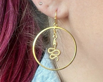 24k Gold Snake Hoop Earrings, Gold Snake Earrings, Unique Edgy Jewelry, Gift Ideas for Women