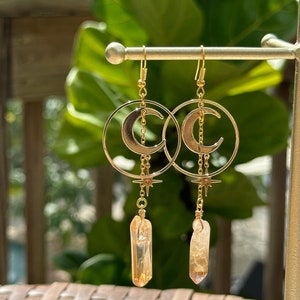 Customizable Crystal Quartz Earrings, Celestial Moon and Star Earrings, Gold Boho Statement Earrings, Silver Gold Moon Earrings