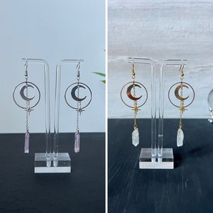 Customizable Crystal Quartz Earrings, Celestial Moon and Star Earrings, Gold Boho Statement Earrings, Silver Gold Moon Earrings