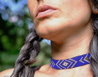 Girocollo con perline Inga, colletto boho chic, collana tribale, pezzo unico, misura regolabile, fatto a mano, collana blu.