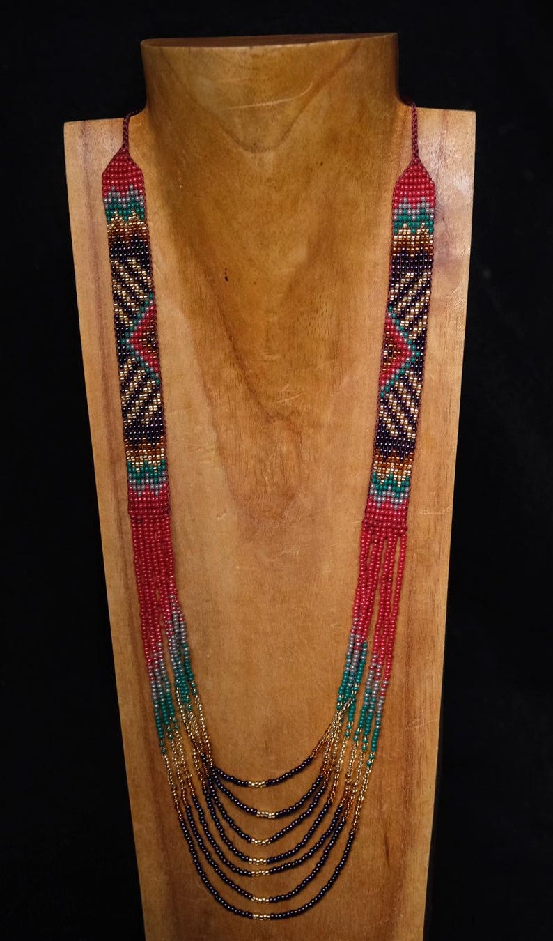 Inga Beaded Necklace: Colombian Boho Chic Sun Symbol Red Purple