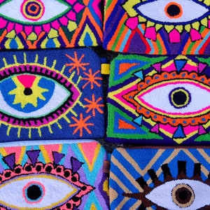 Bolsa pequena colorida Wayùu peyon, estojo feito à mão, pochete boho chic, bolsa de maquiagem, estojo de beleza com design de olhos.