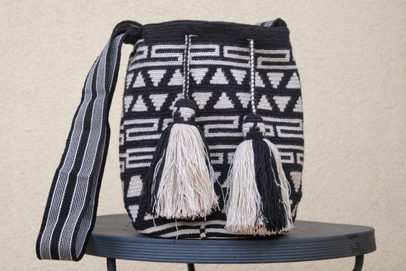 Borsa Wayuu Mochila bianca e nera, tracolla all'uncinetto, Boho Chic