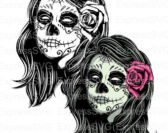 Sugar Skull girl with Flower | Black and White | Color | PNG | SVG | EPS