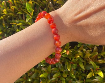 Natural Red Carnelian Bracelet, Red Carnelian Beaded Stretchy Bracelet, Red Carnelian Stone, Round Bead Carnelian Crystal Bracelet