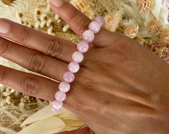 Natural Kunzite Bracelet, Light Pink Kunzite Beaded Stretch Bracelet, Round Bead Kunzite Crystal Bracelet