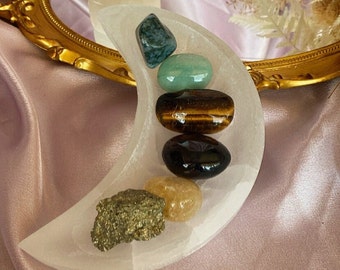 Prosperity Crystal Kit: Pyrite, Citrine, Garnet, Tiger Eye, Green Aventurine & Moss Agate - For Wealth, Luck and Success
