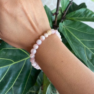 Natural Flower Agate Bracelet, Pink Flower Agate Beaded Stretch Bracelet, Round Bead Flower Agate Crystal Bracelet