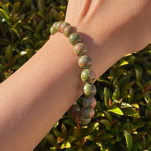 Natural Unakite Bracelet, Unakite Beaded Stretch Bracelet, Round Bead Unakite Crystal Bracelet