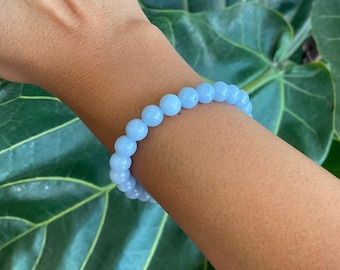 Natural Angelite Bracelet, Blue Angelite Beaded Stretch Bracelet, Round Bead Angelite Crystal Bracelet