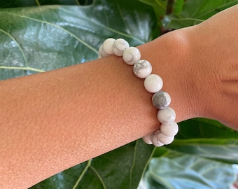 White Howlite Bracelet, White Howlite Beaded Stretchy Bracelet, White Howlite Stone
