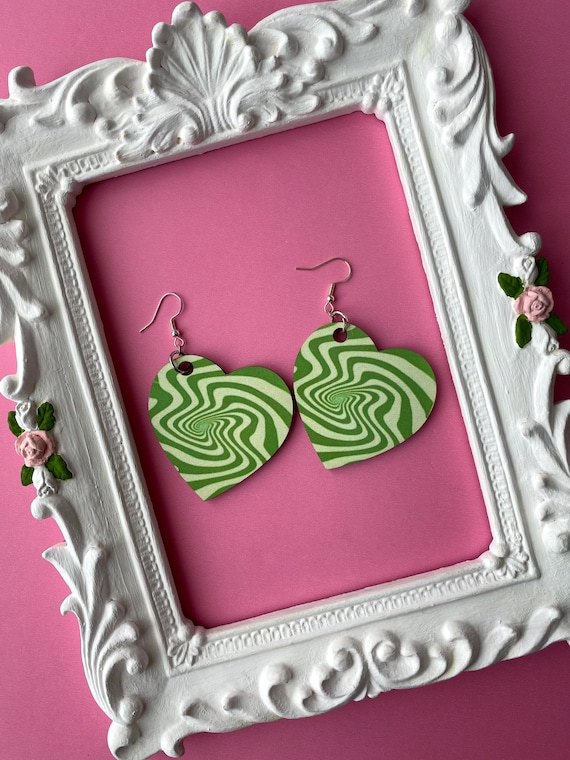 Groovy green heart shaped earrings