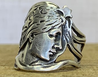 Vintage Art Nouveau Ring, Virgo, Sterling Silver, Woman with Stars Brooch, Upcycled Ring