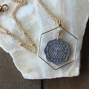 1972 Malta Bee Coin Pendant Necklace, 48th Birthday Gift, Bee Themed Gift, Gold Jewelry, Hexagon Pendant Necklace