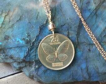 Philippines Butterfly Coin Pendant Necklace, 25 Sentimos, Gold Color Jewelry, Gift for Her, Mariposa Joyería