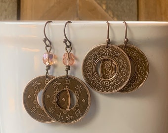 Vintage Japanese Coin Earrings, Bronze 1 Sen Coin from Japan, Disc Dangle Earrings, Travel Asia, Wanderlust