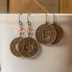 Vintage Japanese Coin Earrings, Bronze 1 Sen Coin from Japan, Disc Dangle Earrings, Travel Asia, Wanderlust