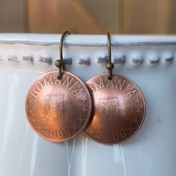 Romanian 5 Bani Coin Earrings, Copper Dome Earrings, Travel Souvenir, Gift from Romania, European Coin, Wanderlust