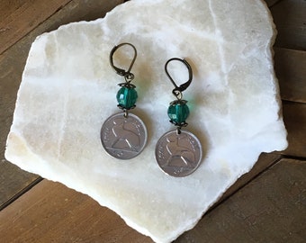 Irish Rabbit Coin Earrings, Ireland Celtic Jewelry, 55th, 60th Birthday Gift, Year of the Rabbit, Vintage Boho Jewelry, 1/2 Reul, 3 Pingin