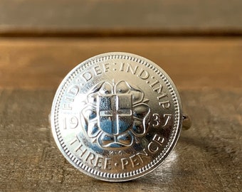 Vintage Silver Coin Ring, 1937 Three Pence Coin, Dainty Ring, Sterling Silver Jewelry, United Kingdom, Handmade Ring