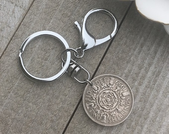 Vintage Two Shillings Keychain, United Kingdom, UK, British Coin Keyring, England Souvenir, Key Fob with Hook