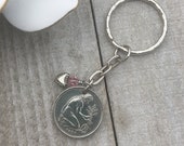 1981 German Coin Keychain, 50 Pfennig Coin Keyring, Gardener Keyfob, Gift for Her, Earth Day