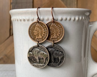 Rustic Coin Earrings, Buffalo Nickel Indian Head Penny Earrings, Buffalo Bills Fan, Statement Jewelry, Southwest Style