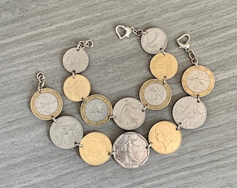 Vintage French Coin Bracelet, Coin Jewelry,  France Souvenir, Silver Jewelry, Marianne Coin, Wanderlust, Statement Jewelry