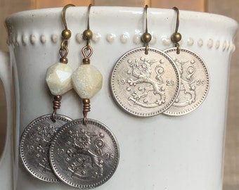 Finland Coin Earrings, Minimalist Disc Dangle Earrings,  Vintage Jewelry, Souvenir Finnish Coin Jewelry