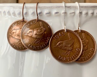 Vintage Farthing Wren Coin Earrings, 80th Birthday, Copper Jewelry, Dangle Bird Earrings, 90th Birthday Gift