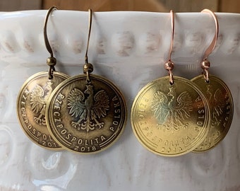 Poland Groszy Coin Earrings, Polish Bird Coin, Copper Silver Disc Earrings, Travel Souvenir, Wanderlust