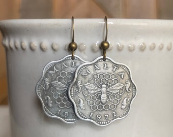 Maltese Bee Coin Earrings, 1972 Malta 3 Mils, Bee Keeper Gift