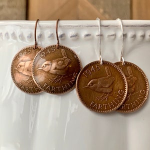Vintage Farthing Wren Coin Earrings, 80th Birthday, Copper Jewelry, Dangle Bird Earrings, 90th Birthday Gift