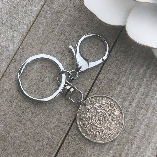 Vintage Two Shillings Keychain, United Kingdom, UK, British Coin Keyring, England Souvenir, Key Fob with Hook