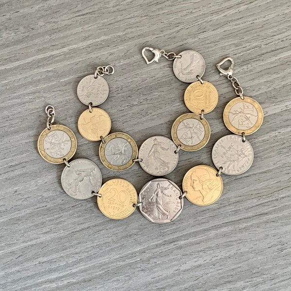 Vintage französisches Münzenarmband, Münzschmuck, Frankreich Souvenir, Silberschmuck, Marianne Münze, Wanderlust, Statement Schmuck